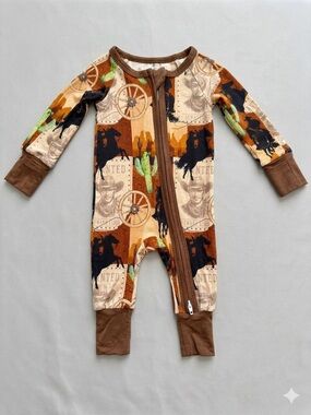 BAMBOO Baby Infant Western Cowboy Print One-Piece Pajamas Brown Size Newborn NEW